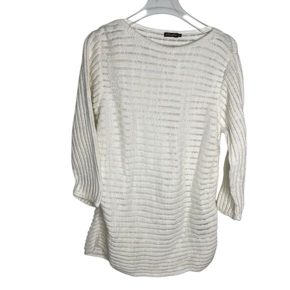 J. McLaughlin white open knit M Medium sweater‎ 100% cotton 3/4 Sleeve crew boat - Picture 1 of 8